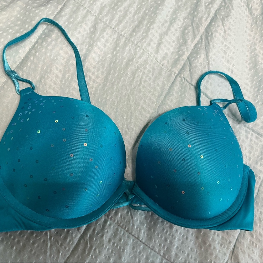 Victoria's Secret Miraculous Plunge Blue Padded Underwire Bra